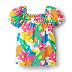 Babyhug Single Jersey Knit Half Puffed Sleeves Top & Woven Stretch Twill Shorts Set With Floral Print & Smocking - Pink