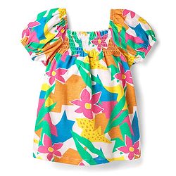 Babyhug Single Jersey Knit Half Puffed Sleeves Top & Woven Stretch Twill Shorts Set With Floral Print & Smocking - Pink