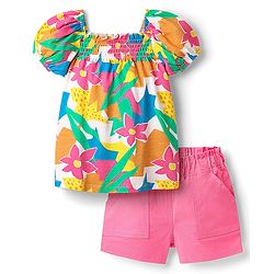 Babyhug Single Jersey Knit Half Puffed Sleeves Top & Woven Stretch Twill Shorts Set With Floral Print & Smocking - Pink