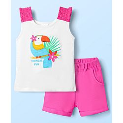 Babyhug Single Jersey Knit Sleeveless Top and Shorts with Bird & Tropical Print- White & Dark Pink