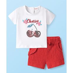 Babyhug 100% Cotton Single Jersey Knit Half Sleeves Cherry Print T-Shirt & Shorts Set with Bow Applique & Sequin Detailing - Red & White