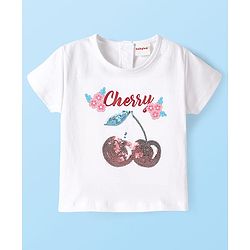 Babyhug 100% Cotton Single Jersey Knit Half Sleeves Cherry Print T-Shirt & Shorts Set with Bow Applique & Sequin Detailing - Red & White