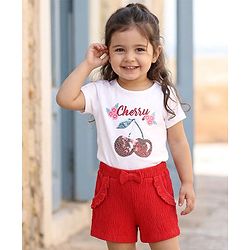 Babyhug 100% Cotton Single Jersey Knit Half Sleeves Cherry Print T-Shirt & Shorts Set with Bow Applique & Sequin Detailing - Red & White