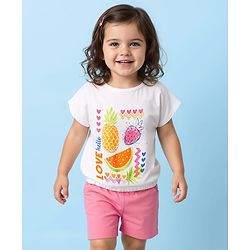 Babyhug Single Jersey Knit Half Sleeves Top & Woven Stretch Twill  Shorts Set with Fruit Print - White & Pink
