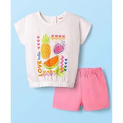 Babyhug Single Jersey Knit Half Sleeves Top & Woven Stretch Twill  Shorts Set with Fruit Print - White & Pink