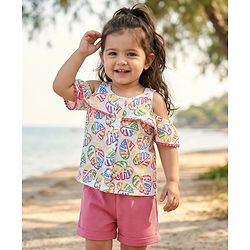Babyhug Single Jersey Knit Sleeveless Top and Shorts with Leaf Print & Frill Detailing - Dark Pink