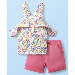 Babyhug Single Jersey Knit Sleeveless Top and Shorts with Leaf Print & Frill Detailing - Dark Pink