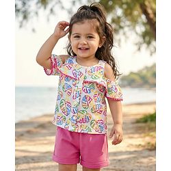 Babyhug 100% Cotton Single Jersey Knit Sleeveless Top and Shorts with Leaf Print & Frill Detailing - Dark Pink