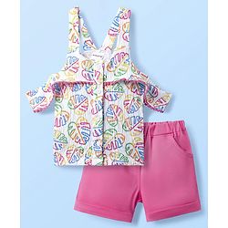 Babyhug 100% Cotton Single Jersey Knit Sleeveless Top and Shorts with Leaf Print & Frill Detailing - Dark Pink