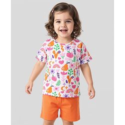 Babyhug Single Jersey Knit Half Sleeves Top & Woven Stretch Twill Shorts Set With Fruit & Floral Print - White & Orange
