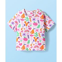 Babyhug Single Jersey Knit Half Sleeves Top & Woven Stretch Twill Shorts Set With Fruit & Floral Print - White & Orange