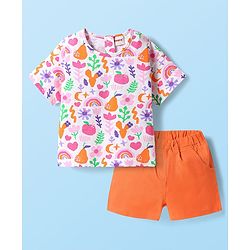 Babyhug Single Jersey Knit Half Sleeves Top & Woven Stretch Twill Shorts Set With Fruit & Floral Print - White & Orange