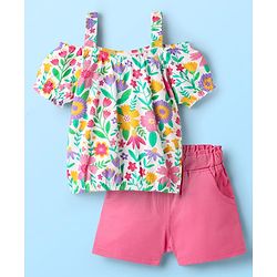 Babyhug Single Jersey Knit Cold Shoulder Sleeves Top & Woven Stretch Twill Shorts Set With Floral Print - White & Pink