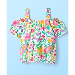 Babyhug Single Jersey Knit Cold Shoulder Sleeves Top & Woven Stretch Twill Shorts Set With Floral Print - White & Pink