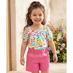 Babyhug Single Jersey Knit Cold Shoulder Sleeves Top & Woven Stretch Twill Shorts Set With Floral Print - White & Pink