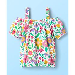 Babyhug Single Jersey Knit Cold Shoulder Sleeves Top & Woven Stretch Twill Shorts Set With Floral Print - White & Pink