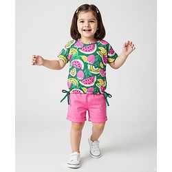 Babyhug Single Jersey Knit Half Sleeves Fruits Printed Top & Woven Stretch Twill Shorts Set - Green & Pink