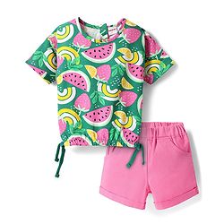 Babyhug Single Jersey Knit Half Sleeves Fruits Printed Top & Woven Stretch Twill Shorts Set - Green & Pink
