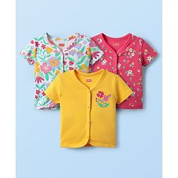 Babyhug 100% Cotton Interlock Knit Front Open Half Sleeves Antibacterial jhablas With Floral Print Pack Of 3 - Yellow Pink & White