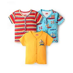 Babyhug 100% Cotton Interlock Knit Half Sleeves Front Open jhabla with Stripe Design & Nautical Theme Print Pack of 3 - Yellow Red & Blue