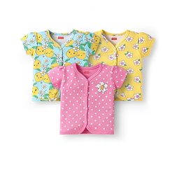 Babyhug 100% Cotton Interlock Knit Antibacterial Half Sleeves Vests With Polka Dots & Floral Print Pack Of 3 - Pink Yellow & Light Blue