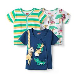 Babyhug 100% Cotton Knit Half Sleeves Antibacterial Striped & Animal Printed Front Open Vests Pack of 3 - Navy Blue Green & White