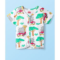 Babyhug 100% Cotton Knit Half Sleeves Antibacterial Striped & Animal Printed Front Open Vests Pack of 3 - Navy Blue Green & White
