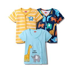 Babyhug 100% Cotton Knit Half Sleeves Anti Bacterial Striped & Animal Printed Front Open Vests Pack of 3 - Yellow Light & Navy Blue