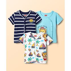 Babyhug 100% Cotton Antibacterial Front Open Half Sleeves Jhablas With Stripes & Nautical Theme Print Pack Of 3 - Multicolour