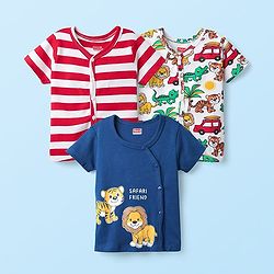 Babyhug 100% Cotton Knit Half Sleeves Antibacterial Striped & Animal Printed Front Open jhablas Pack of 3 - Navy Blue Red & White