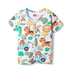 Babyhug 100% Cotton Knit Half Sleeves Antibacterial Striped & Animal Printed Front Open jhablas Pack of 3 - Light Blue White & Yellow