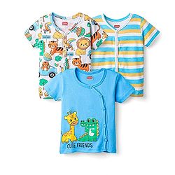 Babyhug 100% Cotton Knit Half Sleeves Antibacterial Striped & Animal Printed Front Open jhablas Pack of 3 - Light Blue White & Yellow
