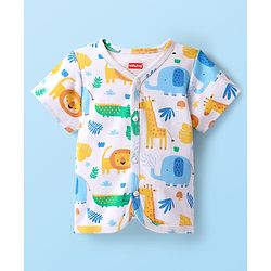 Babyhug 100% Cotton Interlock Knit Half Sleeves Front Open jhabla with Animal Print Animal Print Pack of 3 - Green White & Blue