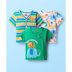 Babyhug 100% Cotton Interlock Knit Half Sleeves Front Open jhabla with Animal Print Animal Print Pack of 3 - Green White & Blue