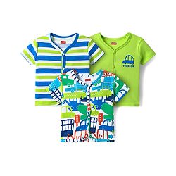 Babyhug 100% Cotton Knit Antibacterial Half Sleeves Front Open jhablas with Vehicle Print & Stripes Pack of 3 - Light Green