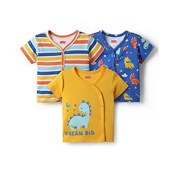 Babyhug 100% Interlock Knit Front Open Half Sleeves Antibacterial jhablas With Stripes & Dino Print Pack Of 3 - Yellow Blue & Light Blue