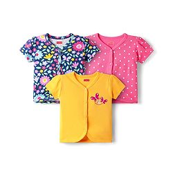 Babyhug 100% Cotton Antibacterial Front Open Half Sleeves jhabla With Polka Dots & Floral Print Pack Of 3 - Dark Pink Blue & Yellow