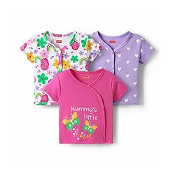Babyhug 100% Cotton Knit Half Sleeves Antibacterial Front Open jhablas with Floral & Hearts Print Pack of 3 - Pink Lilac & White