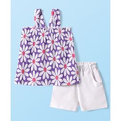 Babyhug Single Jersey Knit Sleeveless Floral Printed Top & Shorts Set - Lavender & White