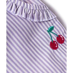 Babyhug Cotton Woven Sleeveless Striped Halter Neck Top & Shorts Set with Bow Applique & Tropical Theme Embroidery - Lavender
