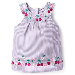Babyhug Cotton Woven Sleeveless Striped Halter Neck Top & Shorts Set with Bow Applique & Tropical Theme Embroidery - Lavender