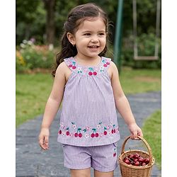 Babyhug Cotton Woven Sleeveless Striped Halter Neck Top & Shorts Set with Bow Applique & Tropical Theme Embroidery - Lavender