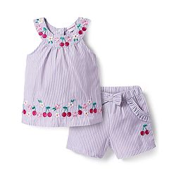 Babyhug Cotton Woven Sleeveless Striped Halter Neck Top & Shorts Set with Bow Applique & Tropical Theme Embroidery - Lavender