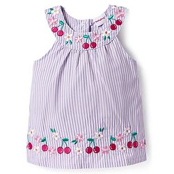 Babyhug Cotton Woven Sleeveless Striped Halter Neck Top & Shorts Set with Bow Applique & Tropical Theme Embroidery - Lavender