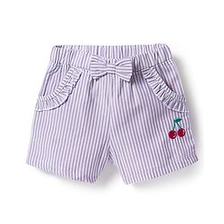 Babyhug Cotton Woven Sleeveless Striped Halter Neck Top & Shorts Set with Bow Applique & Tropical Theme Embroidery - Lavender