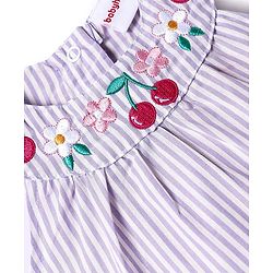 Babyhug Cotton Woven Sleeveless Striped Halter Neck Top & Shorts Set with Bow Applique & Tropical Theme Embroidery - Lavender