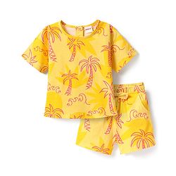 Babyhug Single Jersey Knit Half Sleeves Top & Shorts Co-Ord Set With Tree Print - Yellow