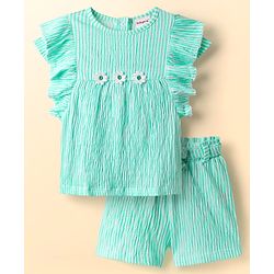 Babyhug Cotton Woven Frill Sleeves Top & Shorts Set with Stripes & Floral Applique - Aqua Blue