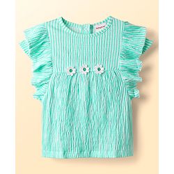 Babyhug Cotton Woven Frill Sleeves Top & Shorts Set with Stripes & Floral Applique - Aqua Blue