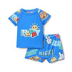 Babyhug Water Repellant Half Raglan Sleeves Two Piece Swimsuit with Typography Print - Blue